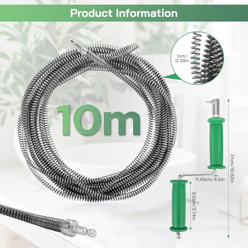10 Metre Pipe Probe, Diameter 10 mm, Probe for Unloading Spring Drain Pipes Spiral Cleaner for Professional Cleaning Probe for Drill Electric Manual Adapter, Stumped Obstructions