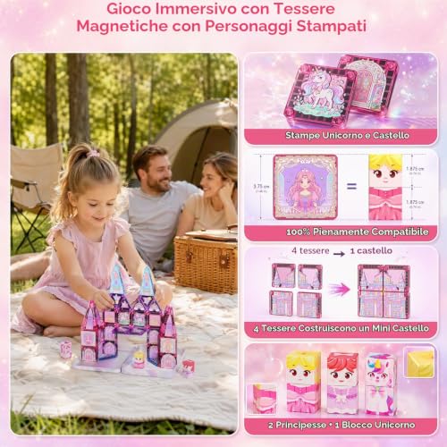 YOGOHEE Magnetic Travel Bricks for Girls: 42 Pieces Princess and Unicorn Tiles in Portable Metal Box as Mobile Building Platform for Car, Plane, Train, Toy