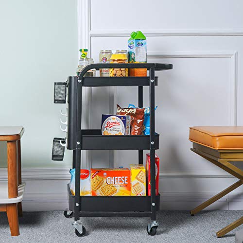 Titan Mall Metal Storage Rolling Cart, 3-Tier Organizer Cart with Removable Pegboard Hooks and Utility Handle for Kitchen Office Classroom, Black - Thumbnail 6