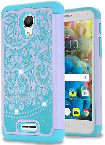 Alcatel Fierce 4 / Allura Case / Pop 4 Plus Case,[ Fashion ]Crystal Diamond Shell Shock Absorbing Soft Rubber Inner Hybrid Armor Protection Cover Alcatel Fierce 4 / Allura / Pop 4 (Blue Flower)