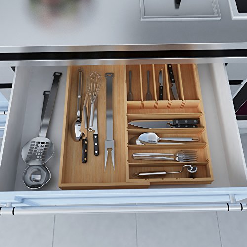 ISINO Extra Deep Wooden or Stainless Utensil Divider Tray , Non-slip Utensil Organizer , Large Utensil Holder with 10-11 Slots , Size (11.4"-20")L x 17.5"W x 2.5"H