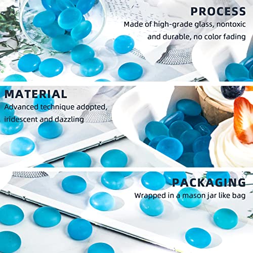 FUTUREPLUSX Frosted Flat Glass Marbles, 100PCS Blue Flat Glass Pebbles Vase Filler Beads Decorative Flat Round Gemstone for Home Decor