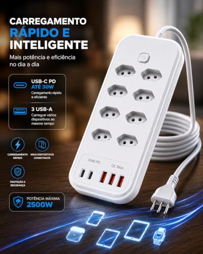 Filtro de Linha Extensão Elétrica 8 Tomadas 5 USB PD 30W Cabo 2m | Centralize energia e carregamento em um só lugar com 8 tomadas, 5 portas USB, cabo de 2 metros e potência de até 2500W.
