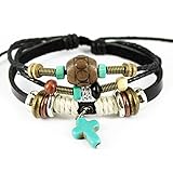 Bluegrass Vintage Blue Cross Pendant Quality Leather Black Braided Rope Handmade Bracelet,Adjustable