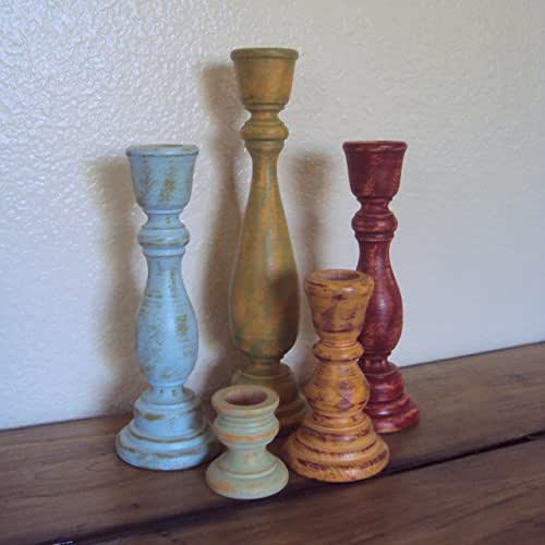 Shabby Distressed Wooden Candlestick Set Rustic Wood