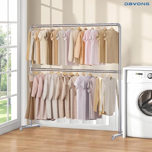 DAYONG Adjustable Garment Rack, Double Rods Industrial Clothing Rack, Sturdy Metal Clothes Rack Organizer, Portable Standing Clothes Garment Rack (160cm D x 50cm W x 180cmH)