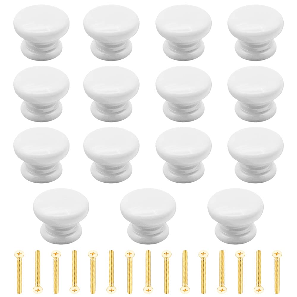 Yijunmca 15 Pack Cabinet Knobs Round Pulls 34mm White Wooden Drawer Knobs with Screws for Dresser Furniture Kitchen Bathroom Cupboards & Shutters Wardrobe Pulls, Mushroom Shape Handle