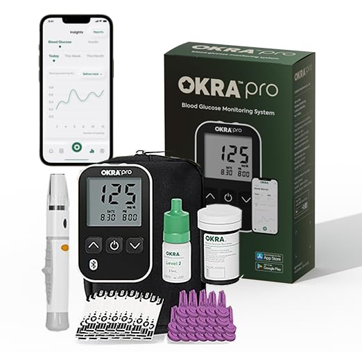 OKRA PRO Blood Sugar Monitor Kit – 5s Fast Glucose Results, No Coding, Strip Ejection, App for Tracking, 25 Test Strips, Home Diabetes Testing