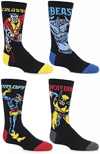 SockShop Kids' 4 Pair Marvel X-Men Wolverine, Beast, Cyclops and Colossus Cotton Socks 13.5-6.5 Assorted