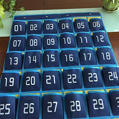 Classroom Numbered Pouch, 30 Hanging Storage Bag for Mobile Phone Calculators Pocket Board with 4 Hooks, Over the Door Phone Organizer (Light Blue)
