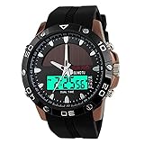 Gosasa Men's Solar Power Military Dual Time Zones Slide Rule Silicone Band Sports Wrist Watch (Coffee)