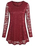 Laksmi Fall Tops Blouses, Womens Wine Sheer Long Sleeve Tops Scoop Neck A Line Sexy Floral Lace Tunic Shirt,Wine Large