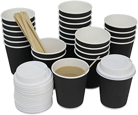 PDTXCLS QuaCity 8 Oz Insulated Disposable Ripple Coffee Cups with White Lids, Wood Stirrers 50 Count - Perfect for Hot and Cold Beverages - No Soaking or Smells - Take To Go (Black)
