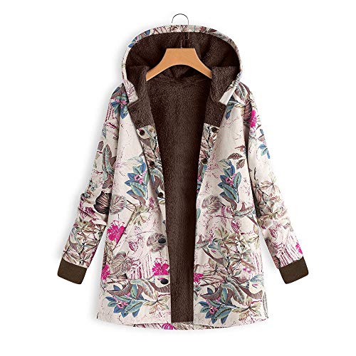 Women's Jacket Duseedik Womens Winter Warm Outwear Floral Print Hooded Pockets Vintage Oversize Coats (Hot Pink A, US:14/CN:3XL)