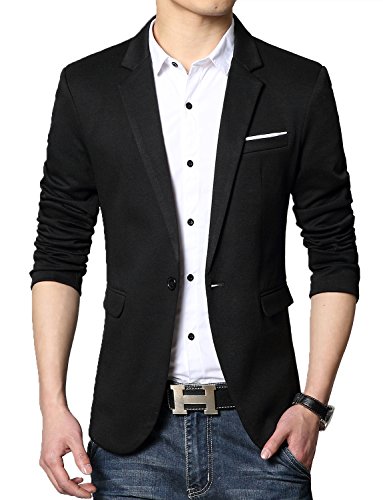 DAVID.ANN Men's Casual Slim Fit One Button Center Vent Blazer Jacket,Black #3625,Large