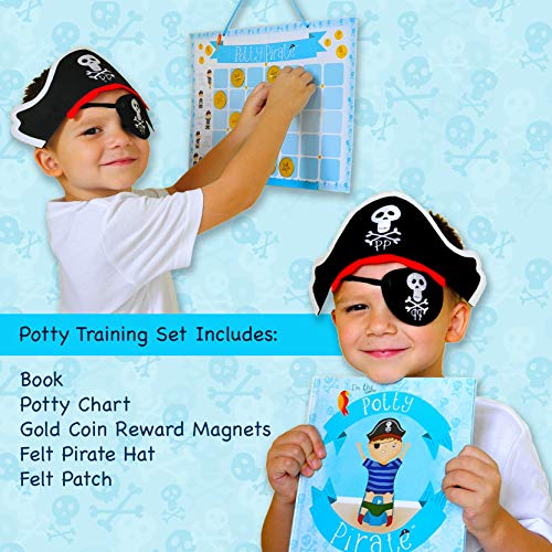 Pirate Potty Training Set with Book, Potty Chart, Reward Magnets, Pirate Hat and Patch for Toddler Boys - Comes in Pirate Ship Box.