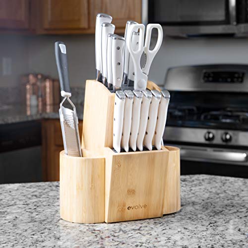 EVOLVE Bamboo Knife Block - Universal Kitchen Knife Holder - Safe & Space Saver Knife Storage that Covers Knife Blades Up To 9” & Holds Up To 20 Knives with Machine Washable & BPA Free Flex Rods