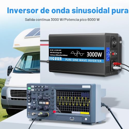 JIGUUN 3000W/6000W Inverter 24V 220V Pure Wave Inverter | Charger 20A and Priority Circuit Network and UPS,2 EU outlets, Wireless Remote Control and LCD Display