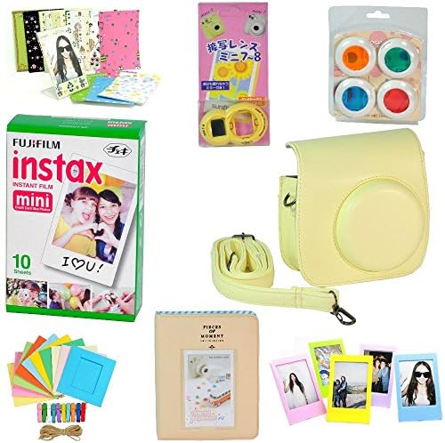 Fujifilm Instax Mini 8 Camera 8-in-1 Accessories Bundle - YELLOW (10-sheet Print Pack, Case, Album, Close-Up Lens, Selfie Lens, Mini Frames, Polaroid Sticker Set, Wall Hanging Frame)
