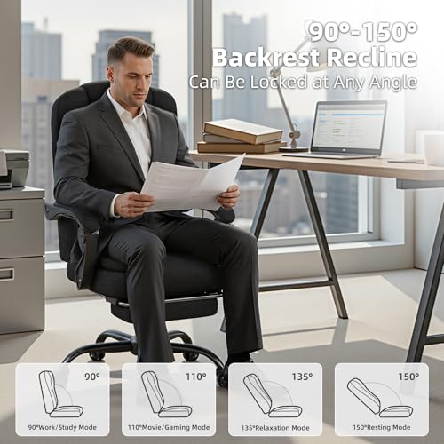 SITMOD Executive Office Chair with Footrest, Pocket Spring Fabric Desk Chair, High Back Thick Padding Computer Chair with Linkage Armrests, 90-150° Reclining Ergonomic Task Chair, Black