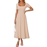 ZESICA Summer Dresses for Women 2026 Elegant Classy Square Neck Short Sleeve Flowy Cocktail Party Midi Dress