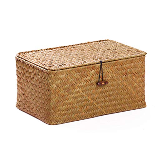 Seagrass Storage Baskets with Lid Natural Rattan Woven Rectangular Organizer Box (Small 26cmx14cmx11cm H)