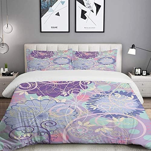 MIGAGA Duvet Cover Set, Spring Nature Theme Ornamental Flowers Dandelions Leaves Swirls Curvy Design, Custom 3 Piece Bedding Set with 2 Pillow Shams, King Size