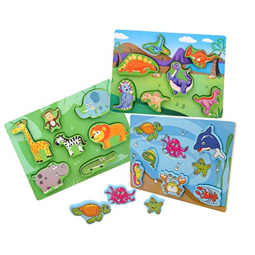 KIDS TOYLAND Wooden Animal Puzzles for Toddlers, Educational Toys with Lovely Farm and Ocean Animals, Dinosaur Puzzles, Toddler Puzzles Set for 1 2 3 Year Old Boys and Girls Birthday