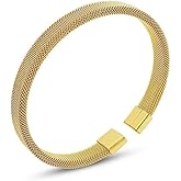 Sugar and Cloves 18K 18 Karat Yellow Gold Plated over Stainless Steel Mesh Cuff Open Bangle Bracelet, Nickel Free Waterproof hypoallergenic