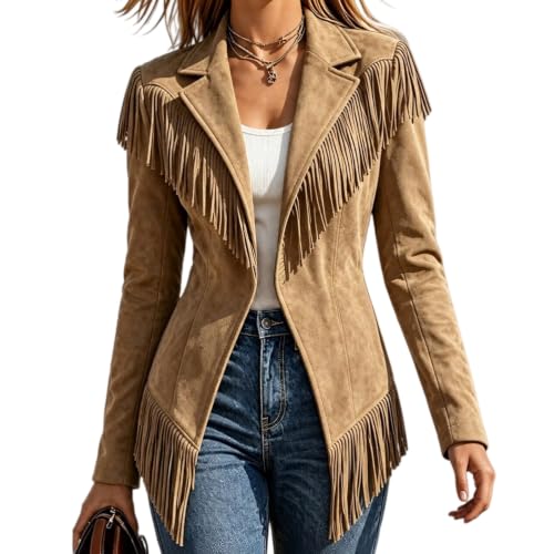 Toumov Faux Suede Jacket Women Open Front Western Fringe Jacket at Amazon