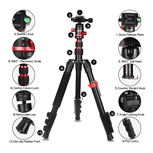 ZOMEi Camera Tripod Lightweight Travel Tripod Monopod 2 in 1 Portable Camera Tripod Stand with 360 Degree Ball Head, Remote Bluetooth and Phone Clip for Canon Nikon Sony GoPro DSLR SLR, Smartphone - Thumbnail 7
