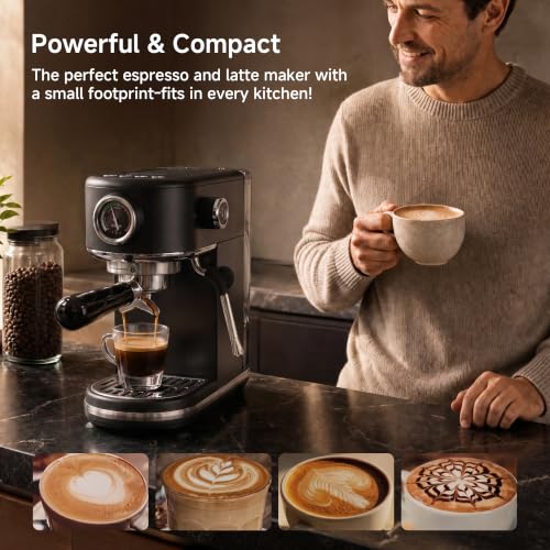 HIBREW H10B Programmable Espresso Machine with LED Display and Pressure Gauge | Compact Stainless Steel Coffee Maker 20 Bar with Milk Frother, Portafilter 51 mm for Cappuccino and Latte