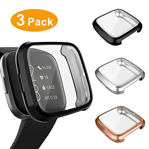 3 Pack Screen Protector Compatible Fitbit Versa 2 Case, GHIJKL Ultra-Thin Slim Soft TPU Protective Case All-Around Full Cover Bumper Shell for Fitbit Versa 2 Smart Watch, Black,Silver,Rose Gold