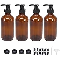 BPFY 4 Pack 8 oz Amber Glass Pump Bottles, Boston Round Bottles with Pumps for Lotion, Soap, Lotions, Hand Cleaner, Massage O