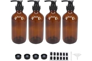 BPFY 4 Pack 8 oz Amber Glass Pump Bottles, Boston Round Bottles with Pumps for Lotion, Soap, Lotions, Hand Cleaner, Massage Oils, Refillable Containers with Cap, Funnel, 12 Chalk Labels, 1 Pen