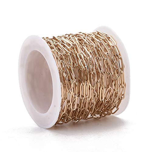 Craftdady 16.4 Feet 16K Gold Paperclip Link Chain Brass Soldered Oval Cable Cross Chain 9x3mm with Spool for Jewelry Pendant Necklace Bracelet Making