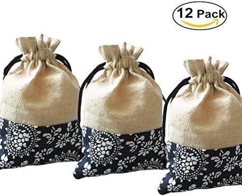 12PCS Burlap Gift Bags, Linen Pouches with Drawstring for Wedding Party and DIY Craft, 5.5 x 4 Inch (Pattern in half)