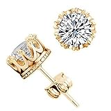 Beydodo Gold Plated Earrings for Women(Stud Earrings),Retro Crown Design Crystal Flower White CZ