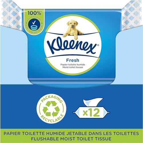 KLEENEX Fresh Wet Toilettenpapier (12 Packungen à 42 Blatt) - Einweg in der Toilette - 100% Naturfasern - Plastikfrei - parfümfrei - alkoholfrei