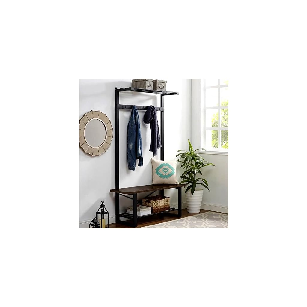 Entry Bench Hall Tree, Walnut Minimalist Corner Entryway with Storage Bench, Rustic Contemporary