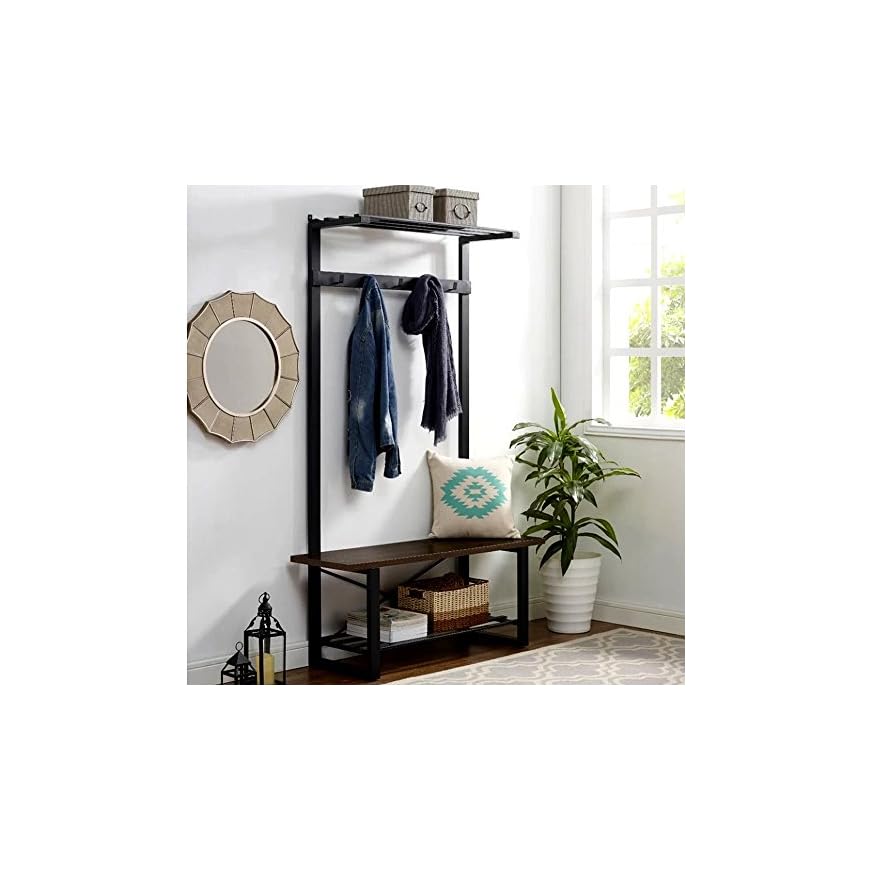 Entry Bench Hall Tree, Walnut Minimalist Corner Entryway with Storage