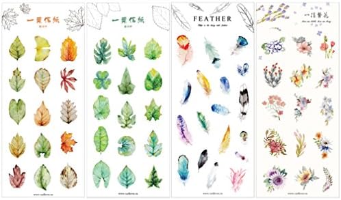 Leaf, Feather, Flower Shaped Decorative Adhesive Sticker, Craft Scrapbooking Sticker Set for Diary, Album, Notebook, Planner, 4 Sheets/Pack (Natural Pattern)