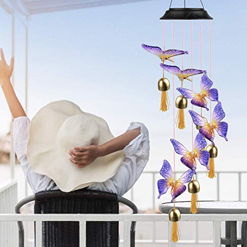 FLYNOVA Wind Chimes Outdoor, Solar Butterfly Wind Chime LED Color Changing Waterproof Decorative Patio Lights for Home Party Yard Garden
