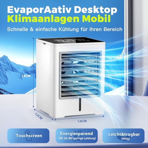 3 in 1 Mobile Air Conditioner, USB Small Silent Air Cooler with Water 470ml, 3 Speed, Timer, Touch Screen, No Drain, Portable Mini Fan for Bedroom, Office, Home