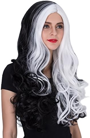 Ecvtop 70cm Long Wavy Highlight Colored Spiral Heat Resistant Fiber Synthetic Wig ,Black and White
