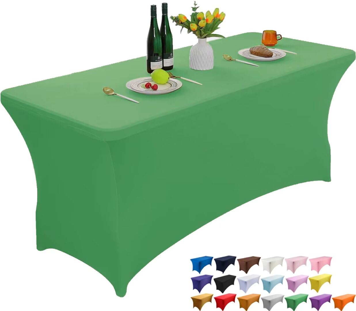 Wolfway 8FT Emerald Green Stretch Spandex Table Cover Washable and Wrinkle Resistant Kitchen Spandex Tablecloth Fitted Rectangular Table for Party,Banquet,Weddings,Cocktail and Festival