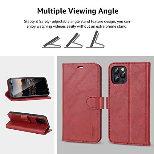 iPhone Wallet Case for iPhone 12/ iPhone 12 Pro Case Cover, [2 Pieces Glass Screen Protector Included], PU Leather Flip Cover with Card Slot Magnetic, Stand Case for iPhone 12 (6.1 Inch), Red