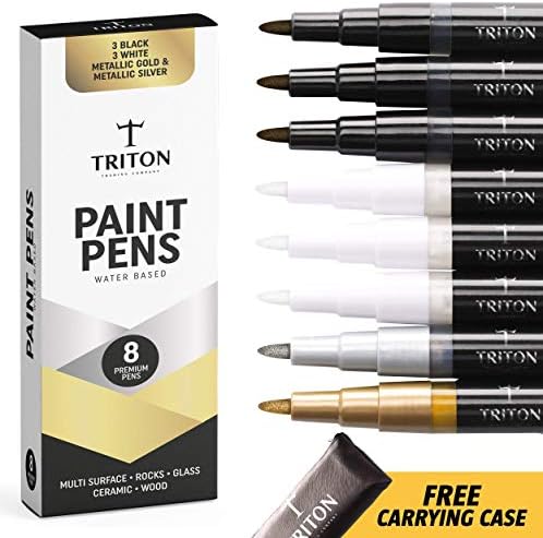 Paint Pens for Rock Painting - Ceramic, Wood, Glass, Canvas, Fabric and More - 3 Black/3 White + 2 Metallic (1 Silver + 1 Gold) - Set of 8 Vibrant Extra Fine Tip Acrylic Paint Markers