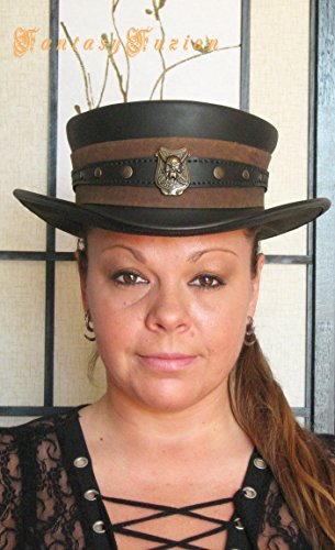 Steampunk Hat Pirate Freebooter Gold Hunter Skull Leather SHORT Top Hat 2 Tones
