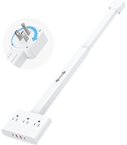 Electrical Outlet Extender With Extendable Stick – 180° Rotating, 22 To 34 Inches, USB-A, USB-C, 3 AC Outlets, Surge Protection, Adhesive Mount